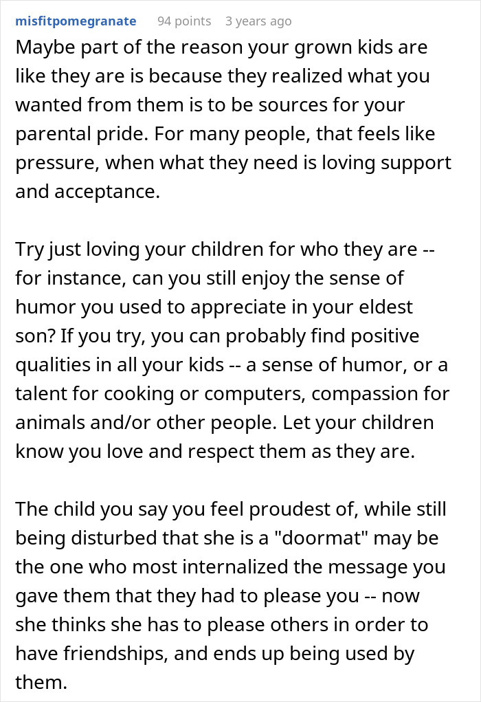 Comment discussing parenting struggles and the impact of a dad viewing all five children as failures.