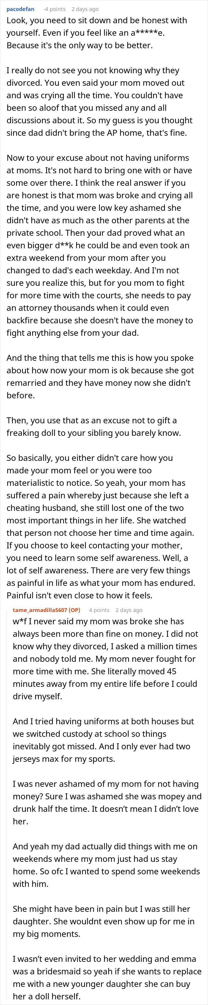 Screenshot of an online forum discussing a mom blaming her daughter for picking dad in the divorce and refusing involvement. Screenshot of an online forum discussing a mom blaming her daughter for picking dad in the divorce and refusing involvement.
