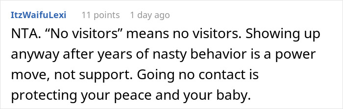 Screenshot of a Reddit comment discussing no-contact decisions after mistreatment and a hospital incident involving a mother-in-law and daughter-in-law. Screenshot of a Reddit comment discussing no-contact decisions after mistreatment and a hospital incident involving a mother-in-law and daughter-in-law.