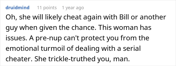 Comment discussing emotional turmoil caused by a man finding out his wife’s cheating was not just one drunken night.
