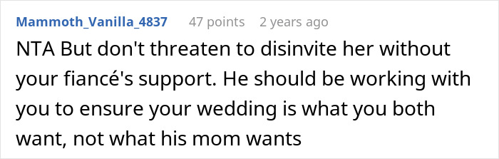 Comment about bride confronting MIL trying to hijack wedding venue and dress, emphasizing fianc&eacute;'s support in wedding decisions.