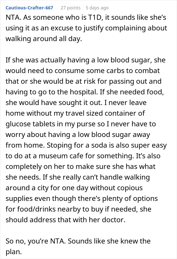 Text post discussing a woman mad at friend for taking her on a walking trip without warning, considering her diabetes.