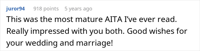 Comment praising a mature AITA post, wishing good luck for fiance wedding and mentioning friend money support. Comment praising a mature AITA post, wishing good luck for fiance wedding and mentioning friend money support.