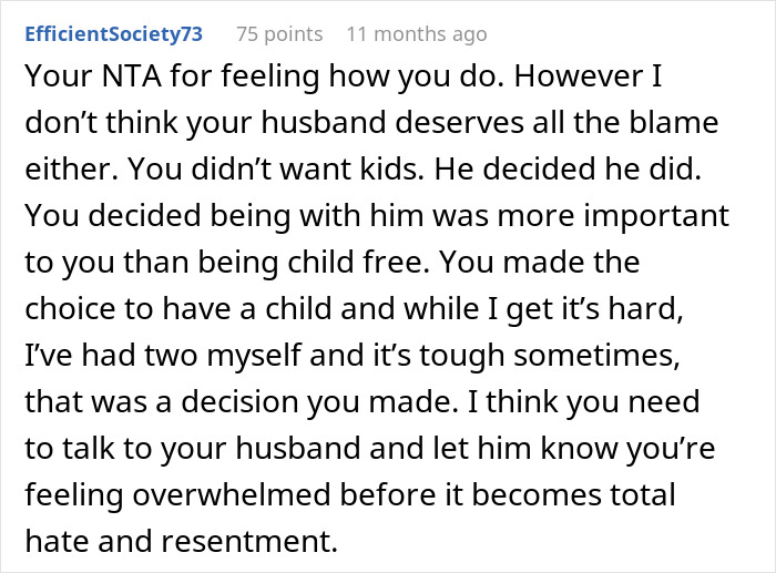 Screenshot of a comment discussing a mom regrets becoming a parent and resents her husband, feeling overwhelmed and stuck.