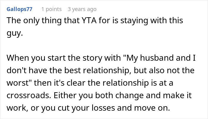 Commenter discussing husband throwing tantrum and the couple&rsquo;s relationship challenges leading to a possible crossroads decision.