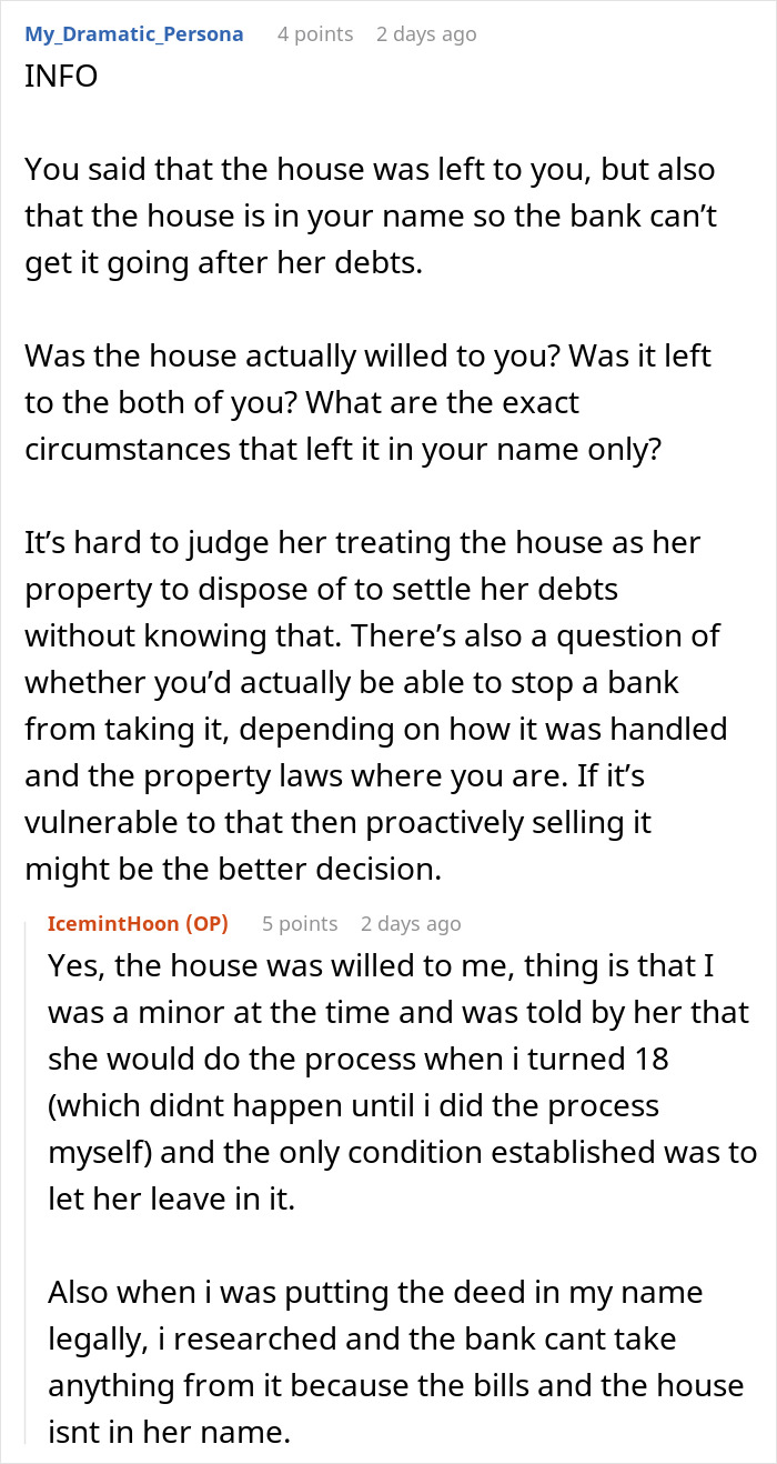 Reddit conversation about a mom in debt and daughter refusing to sell inherited home to help with finances.