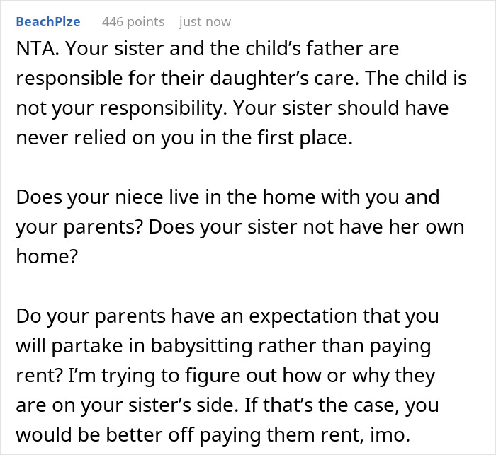 Comment discussing family dynamics and concerns about being forced into free nanny duties amidst child-loathing tensions.