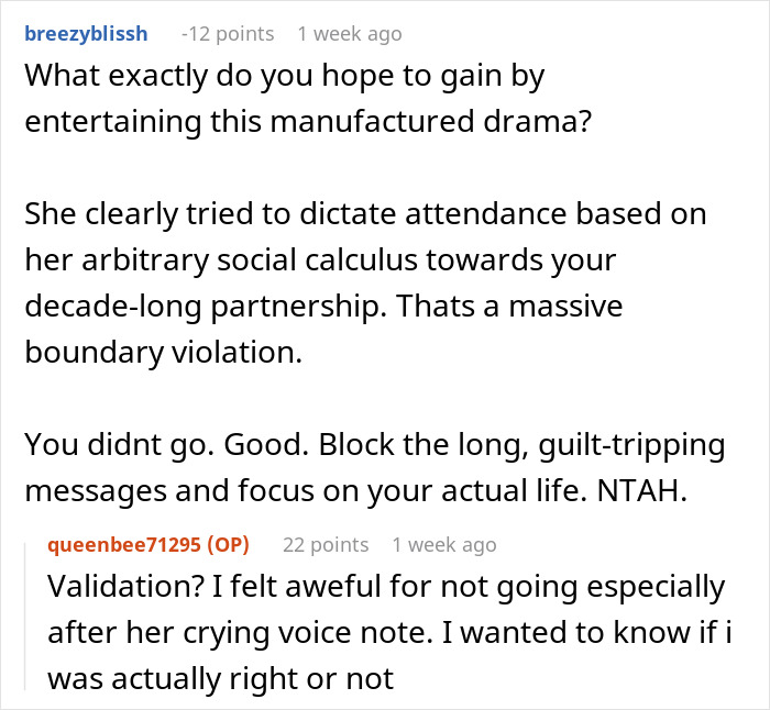 Screenshot of a Reddit discussion about a woman banning her best friend&rsquo;s baby and husband from her engagement party.
