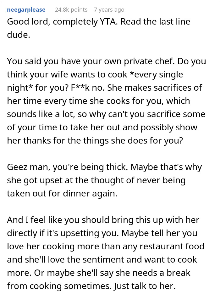 Comment on chef girlfriend boyfriend not going restaurants, discussing cooking sacrifices and relationship communication. Comment on chef girlfriend boyfriend not going restaurants, discussing cooking sacrifices and relationship communication.