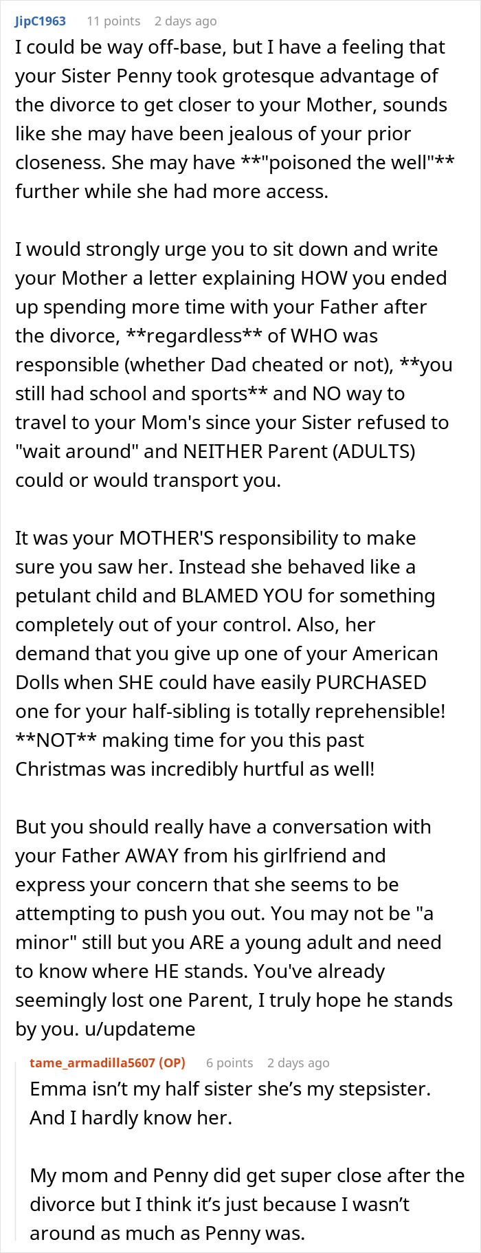 Comment discussing family conflict after divorce involving mom blaming daughter for choosing dad and issues with stepsister. Comment discussing family conflict after divorce involving mom blaming daughter for choosing dad and issues with stepsister.