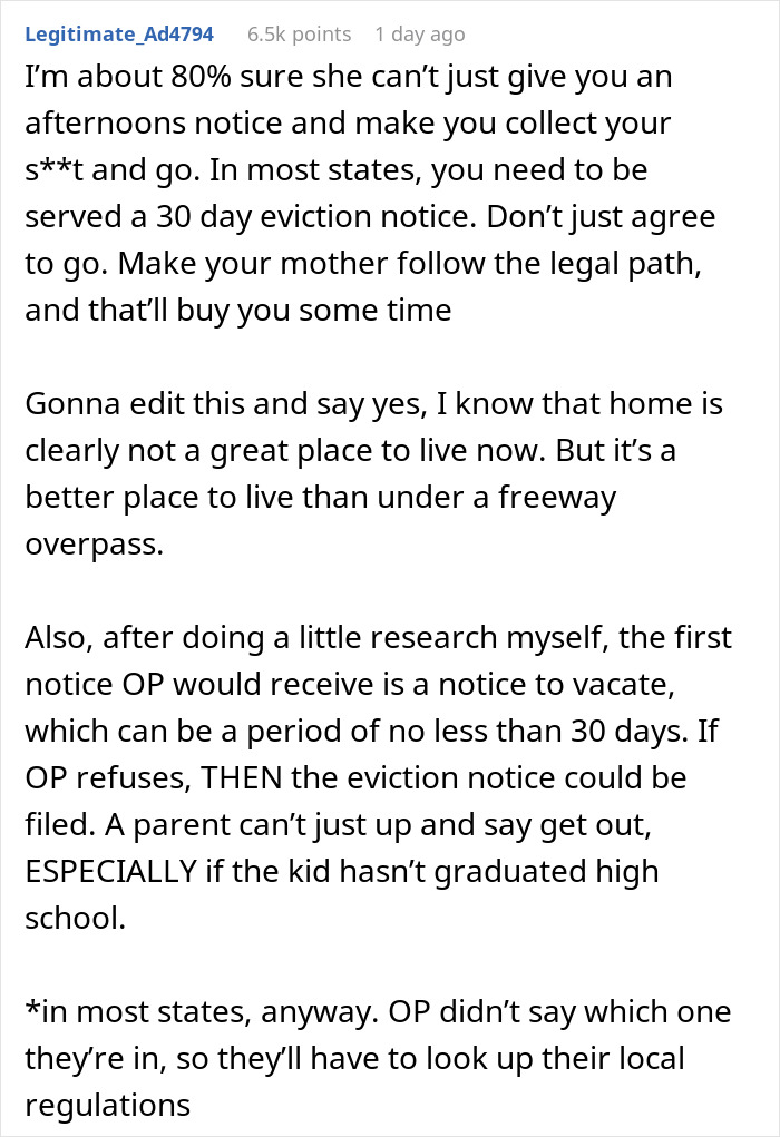 Text post discussing legal eviction notices and the law regarding a mom throwing her child out on the street.
