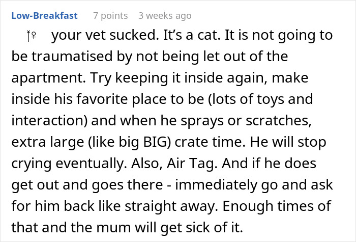 Comment discussing advice on keeping a cat inside and using an Air Tag to track it disappearing for days.