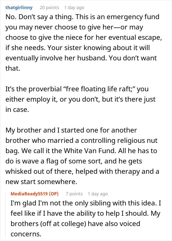 Reddit post discussing a woman worried about her sister who became a tradwife and starts a secret emergency fund. Reddit post discussing a woman worried about her sister who became a tradwife and starts a secret emergency fund.