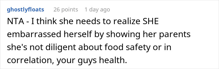 Comment emphasizing a wife’s embarrassment and lesson taught by husband about food safety in front of her parents. Comment emphasizing a wife’s embarrassment and lesson taught by husband about food safety in front of her parents.