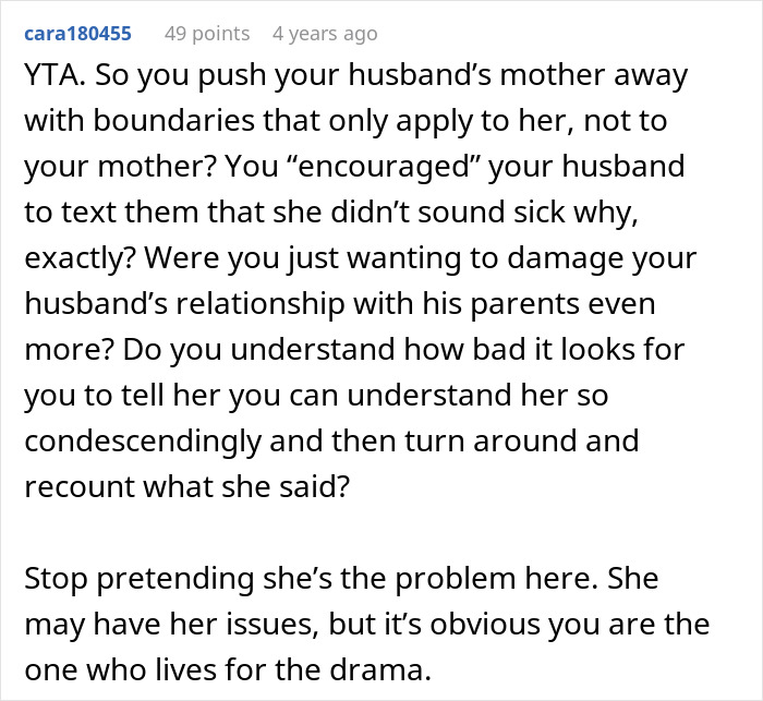 Comment criticizing someone for ruining family relationship and lying involving mother-in-law issues in a text discussion. Comment criticizing someone for ruining family relationship and lying involving mother-in-law issues in a text discussion.