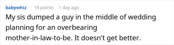 Comment describing groom refusing marriage after mother dictates wedding attire, highlighting tension in wedding planning.