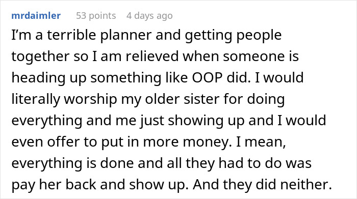 Comment expressing frustration about bros too broke to pitch in for mom’s gift while sister takes her out for dinner. Comment expressing frustration about bros too broke to pitch in for mom’s gift while sister takes her out for dinner.