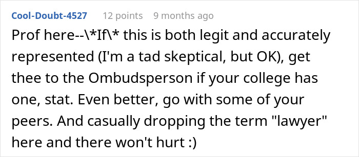 Reddit comment from a professor advising students on handling phone rule enforcement and academic risk concerns.