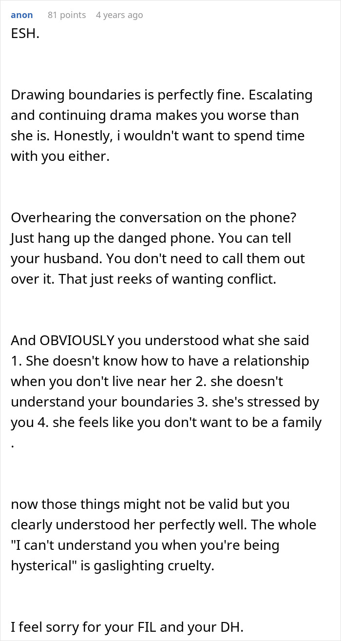 Comment discussing ruining family relationship by lying involving a mother-in-law and setting boundaries. Comment discussing ruining family relationship by lying involving a mother-in-law and setting boundaries.