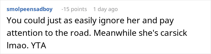 Screenshot of an online comment discussing anxiety meltdown risks and husband banning wife from the front seat while driving.