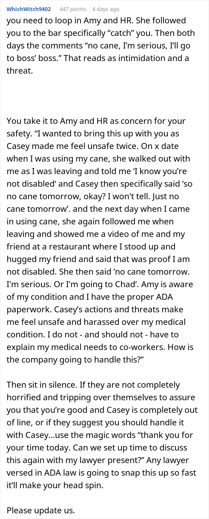 Alt text: Woman films coworker after work trying to prove she&rsquo;s not actually disabled, sparking conflict and concerns at workplace.