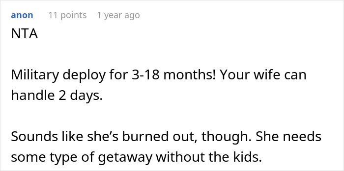 Screenshot of a Reddit comment discussing a wife handling dad leaving for work 48 hours while managing three kids.