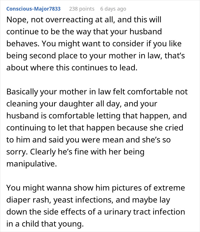 Comment discussing a woman horrified her MIL didn't change the kid's diaper all day and banned her from visiting.