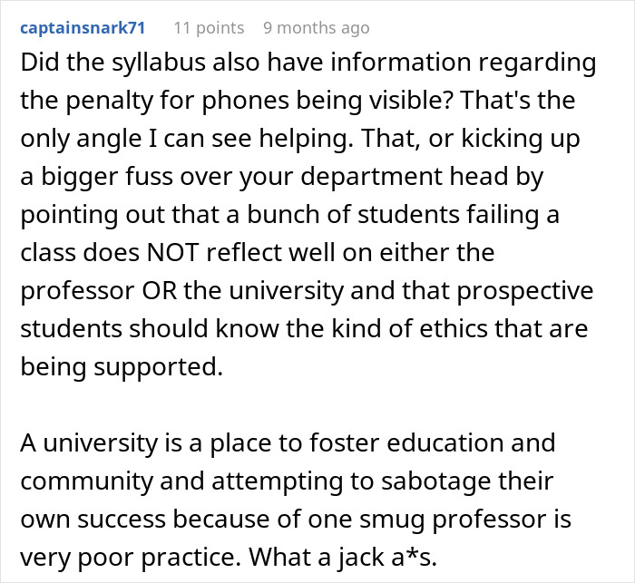 Reddit comment discussing students pushing back after professor enforces phone rule without warning and risking class failure.