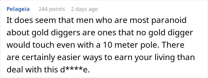 Screenshot of an online comment discussing boyfriend fears about golddiggers and their paranoia in relationships. Screenshot of an online comment discussing boyfriend fears about golddiggers and their paranoia in relationships.