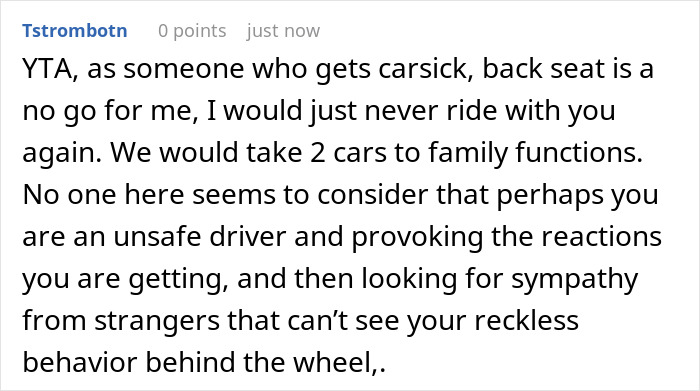 Screenshot of a Reddit comment discussing anxiety meltdown risks and banning wife from front seat after meltdown. Screenshot of a Reddit comment discussing anxiety meltdown risks and banning wife from front seat after meltdown.