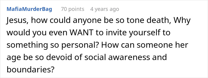 Screenshot of a Reddit comment expressing shock about husband parents coming on honeymoon as an unwanted surprise.