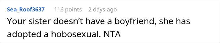 Comment on Reddit discussing a rich man realizing he&rsquo;s quietly supporting sister&rsquo;s jobless boyfriend and stopping financial help.