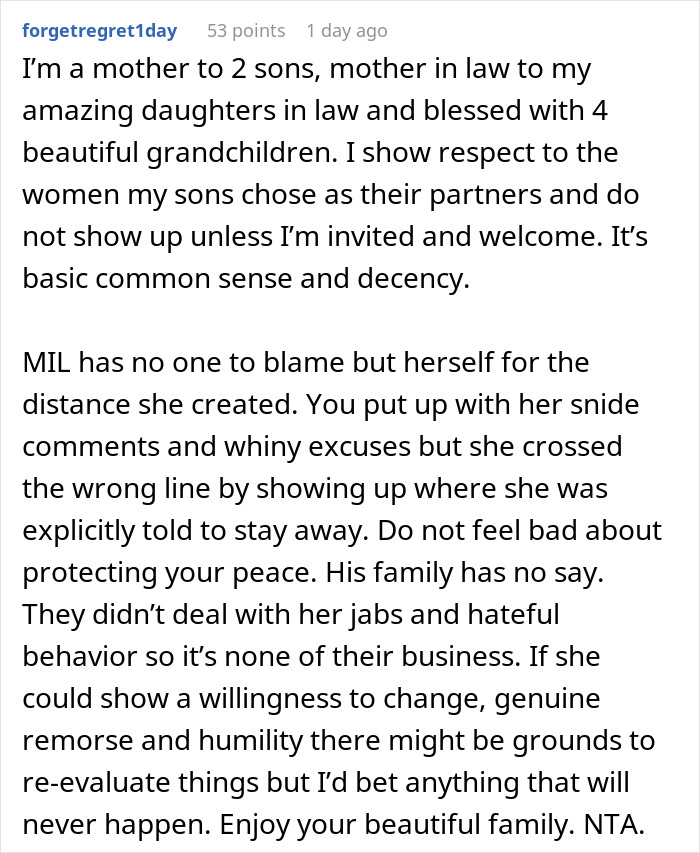 Comment discussing evil lady mistreating daughter-in-law and the no-contact decision after hospital conflict. Comment discussing evil lady mistreating daughter-in-law and the no-contact decision after hospital conflict.