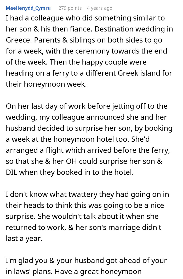 Text post describing a husband and parents coming for a honeymoon surprise arranged by booking a hotel stay early.