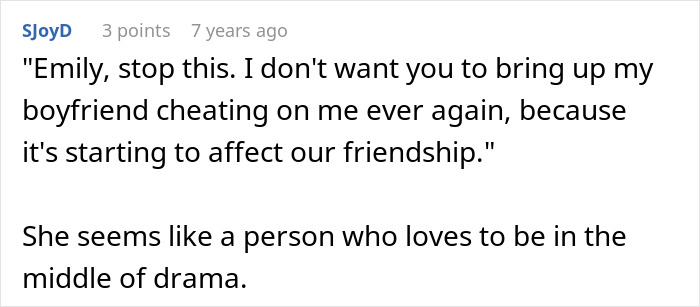 Screenshot of an online comment discussing a fabricated cheating claim affecting a friendship and causing drama.