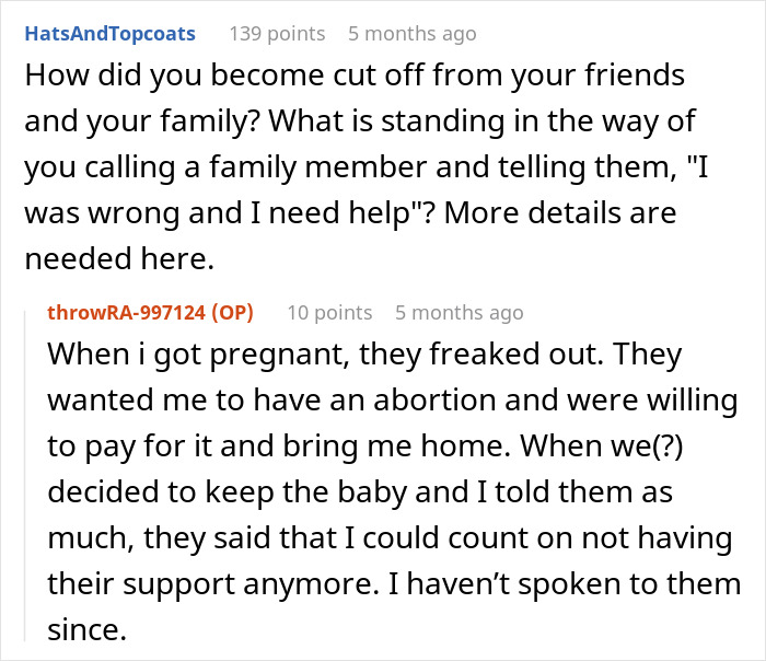 Reddit conversation showing a 25-year-old mom pleading for help after being trapped by her 52-year-old partner. Reddit conversation showing a 25-year-old mom pleading for help after being trapped by her 52-year-old partner.