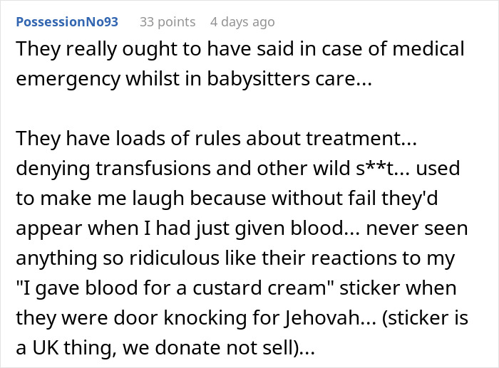 Commenter discussing medical rules while in babysitter's care and mentioning reactions causing mother furious over a birthday gift.