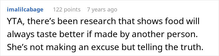 Comment discussing how food tastes better when made by another person, related to chef girlfriend and boyfriend not going to restaurants. Comment discussing how food tastes better when made by another person, related to chef girlfriend and boyfriend not going to restaurants.