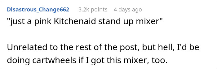 Screenshot of a Reddit comment discussing a pink Kitchenaid mixer, humorously unrelated to bros too broke to pitch in. Screenshot of a Reddit comment discussing a pink Kitchenaid mixer, humorously unrelated to bros too broke to pitch in.
