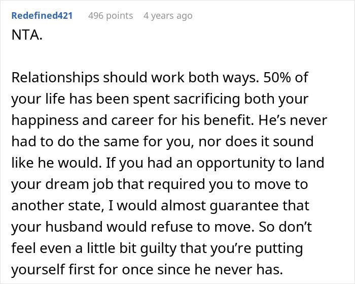 Text post discussing a woman refusing to move again after decades relocating for husband’s career, prioritizing herself. Text post discussing a woman refusing to move again after decades relocating for husband’s career, prioritizing herself.