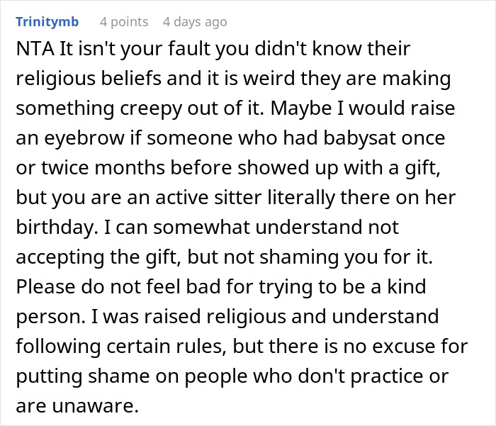 Comment discussing babysitter giving birthday gift and mother&rsquo;s negative reaction based on religious beliefs and misunderstandings.