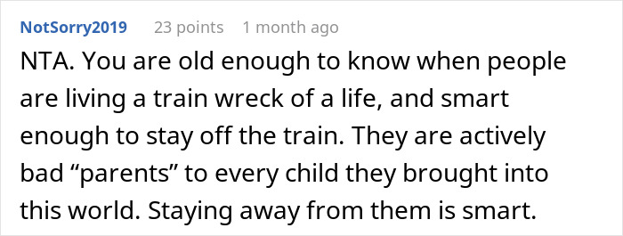 Screenshot of a Reddit comment discussing a teen refusing to live with bio parents who abandoned him, court dispute mentioned.