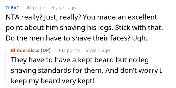 Online discussion about gender double standards and the choice to refuse shaving legs at work.