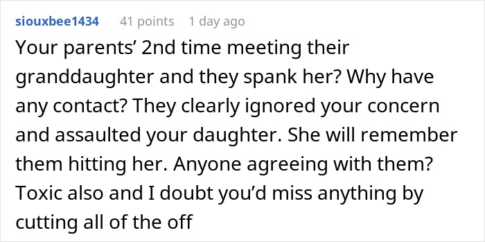 Comment discussing grandparents spanking a 3-year-old and parents banning them from seeing her again due to concern. Comment discussing grandparents spanking a 3-year-old and parents banning them from seeing her again due to concern.