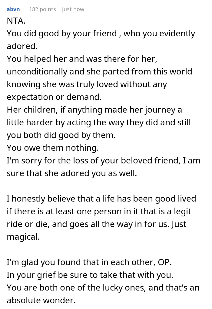 Reddit comment expressing support and reflections on grief involving step kids mom and loss of money issues. Reddit comment expressing support and reflections on grief involving step kids mom and loss of money issues.