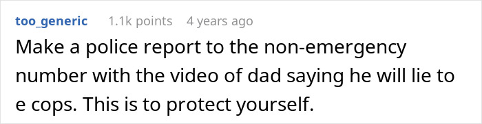 Text post showing a user advising to make a police report to protect against neglect and CPS involvement concerns. Text post showing a user advising to make a police report to protect against neglect and CPS involvement concerns.
