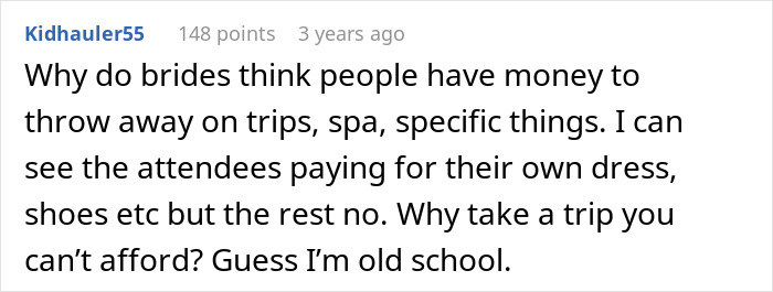 Screenshot of a user comment discussing brides and guests paying for wedding-related expenses, highlighting bridezilla behavior. Screenshot of a user comment discussing brides and guests paying for wedding-related expenses, highlighting bridezilla behavior.