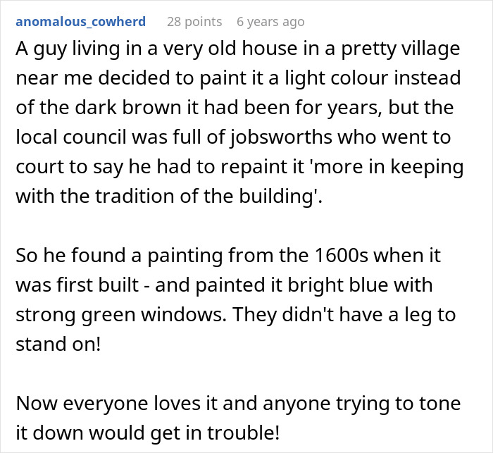 Screenshot of a user story about a homeowner defying HOA president’s power trip over house paint colors. Screenshot of a user story about a homeowner defying HOA president’s power trip over house paint colors.
