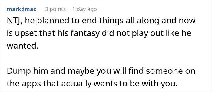 Screenshot of a forum comment discussing a man&rsquo;s plan to open relationship backfiring when coworker is not interested.