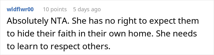 Reddit comment discussing woman demanding in-laws remove religious items and respecting atheism boundaries. Reddit comment discussing woman demanding in-laws remove religious items and respecting atheism boundaries.
